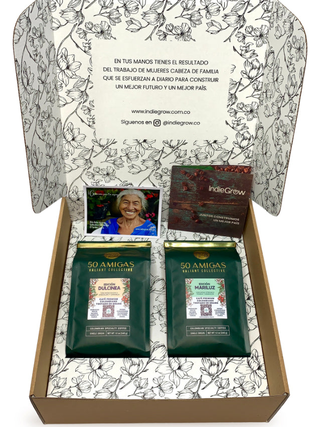 Indiegrow kit de café 50 amigas regalo original café colombiano gourmet organico especial producido por 50 mujeres cabeza de familia que se unieron para generar bienestar a sus familias. 