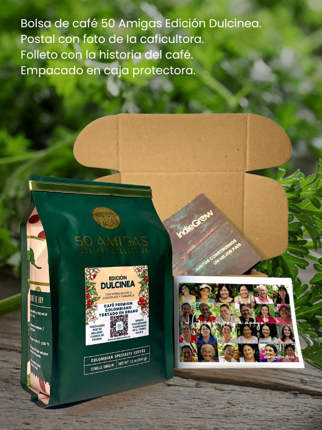 Indiegrow café 50 amigas café colombiano gourmet organico especial producido por 50 mujeres cabeza de familia que se unieron para generar bienestar a sus familias. 