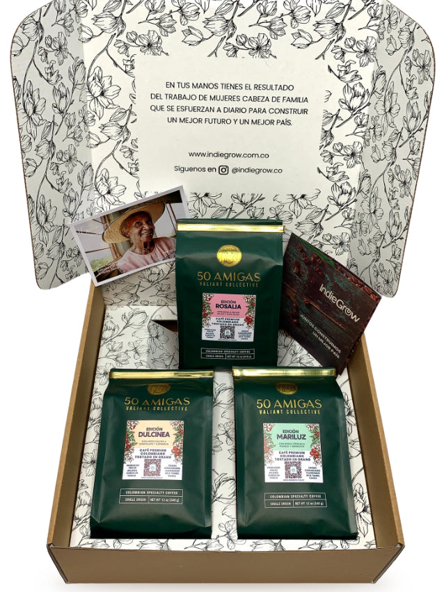 Indiegrow kit de café 50 amigas regalo original café colombiano gourmet organico especial producido por 50 mujeres cabeza de familia que se unieron para generar bienestar a sus familias. 