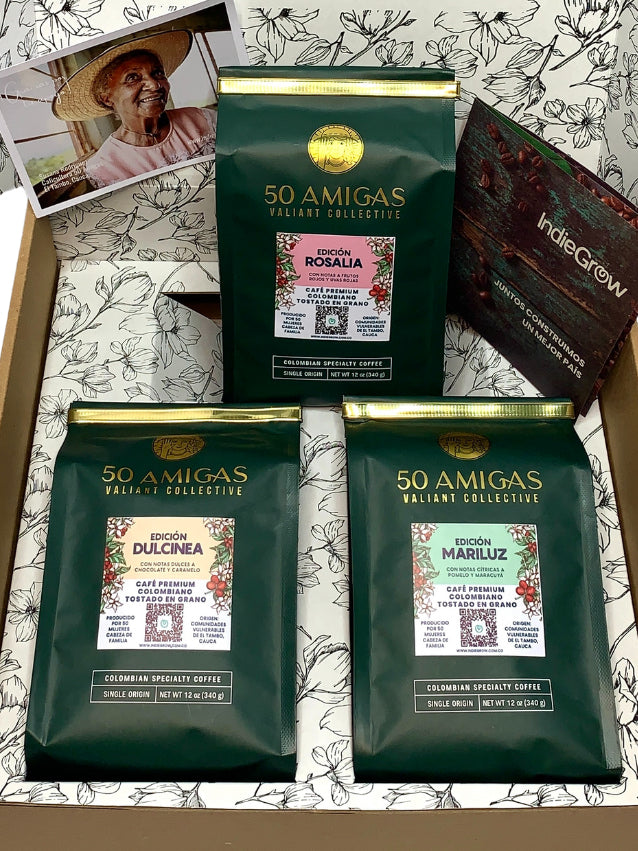 Indiegrow kit de café 50 amigas regalo original café colombiano gourmet organico especial producido por 50 mujeres cabeza de familia que se unieron para generar bienestar a sus familias. 