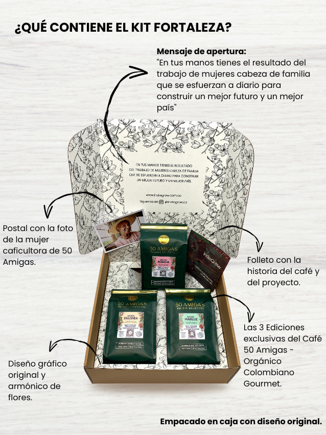 Indiegrow kit de café 50 amigas regalo original café colombiano gourmet organico especial producido por 50 mujeres cabeza de familia que se unieron para generar bienestar a sus familias. 