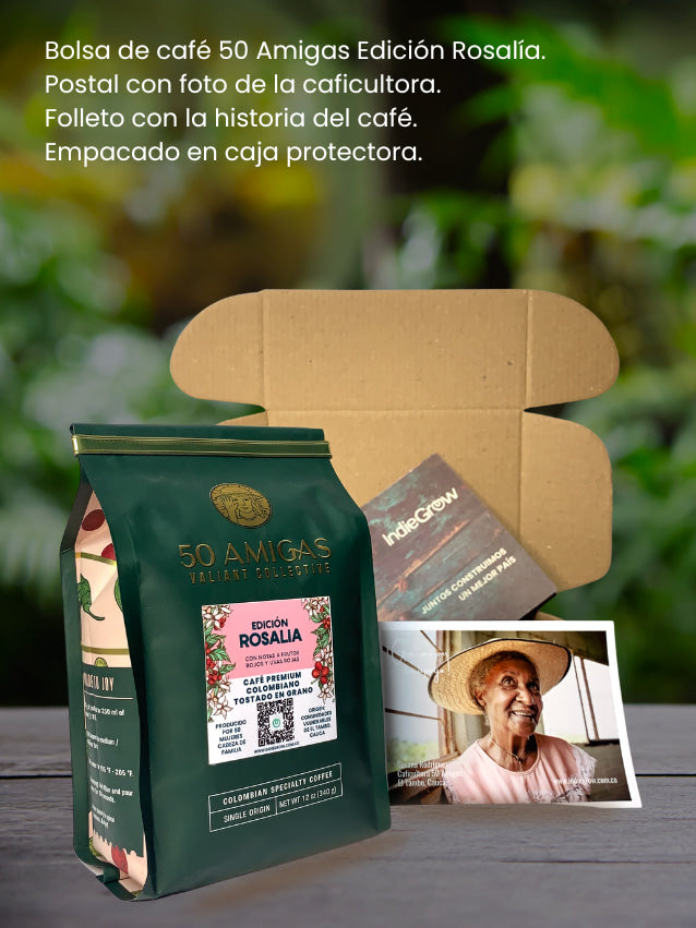 Indiegrow café 50 amigas café colombiano gourmet organico especial producido por 50 mujeres cabeza de familia que se unieron para generar bienestar a sus familias. 