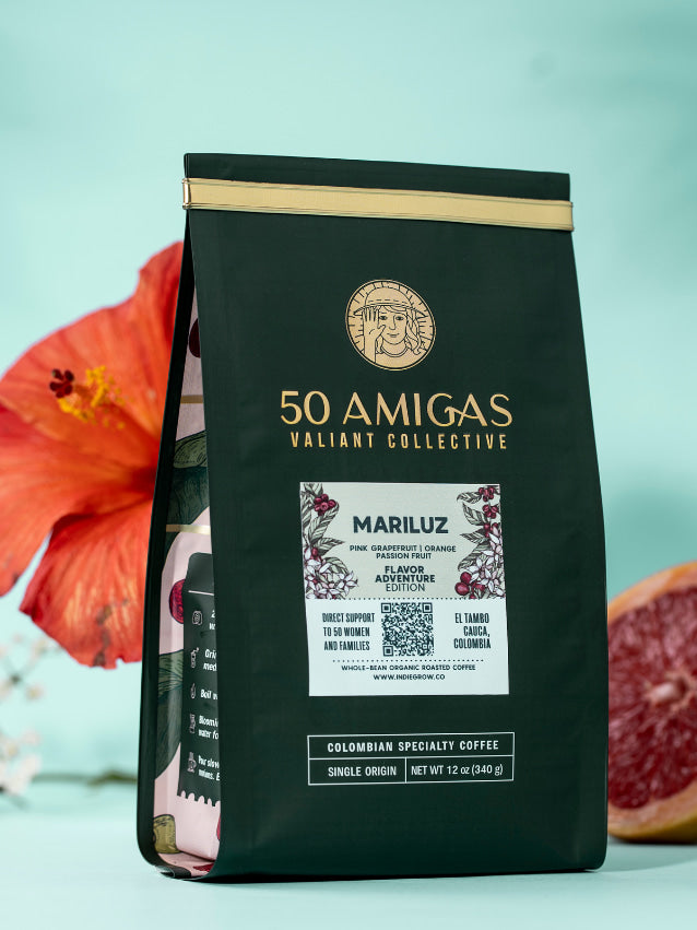 Indiegrow café 50 amigas café colombiano gourmet organico especial producido por 50 mujeres cabeza de familia que se unieron para generar bienestar a sus familias. 