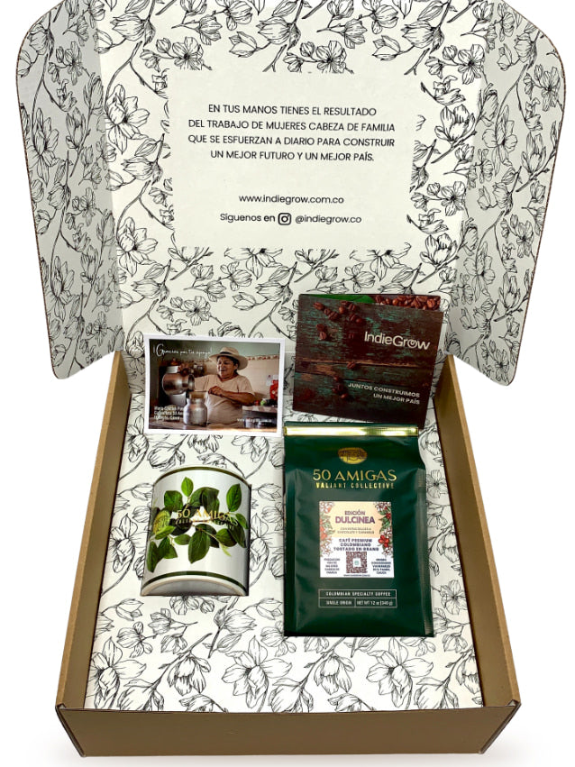 Indiegrow kit de café 50 amigas regalo original café colombiano gourmet organico especial producido por 50 mujeres cabeza de familia que se unieron para generar bienestar a sus familias. 